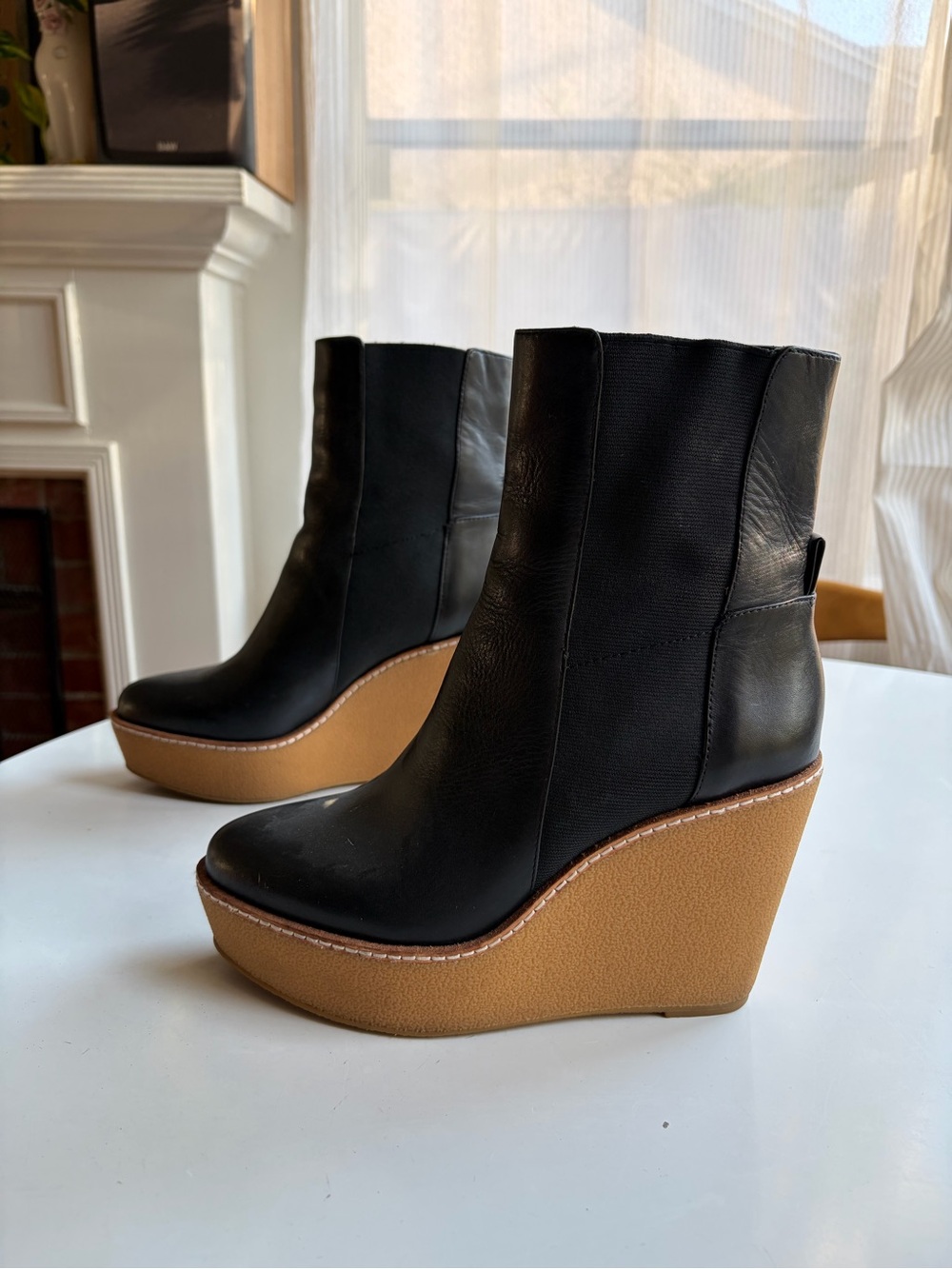 10 Crosby Derek Lam Black Leather Ankle Booties with Tan Wedge Platform